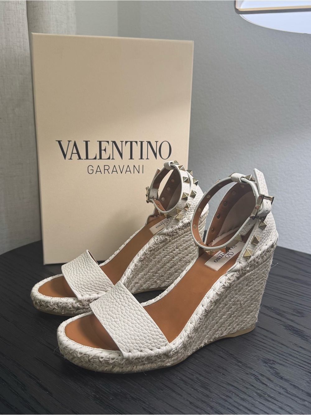 Valentino Garavani Rockstud Espadrille Wedge Sandals Ivory 37